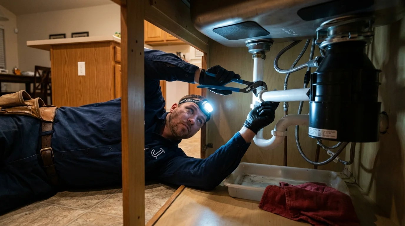 P-trap and supply line connections under a kitchen sink showing a common leak point in Franklin, TX